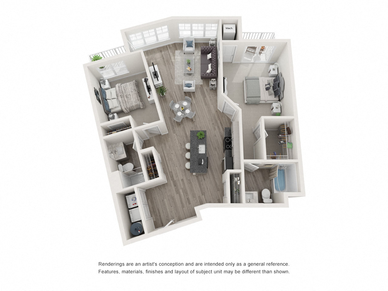 Floor plan for 2 beds, 2 baths, 1207 sqft